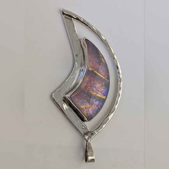 2.50" Signed Indigo Flameworks Sterling Silver Handmade Dichroic Glass Pendant - Picture 3 of 6